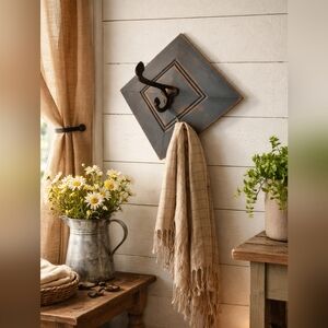 Country Blue Wooden Wall Hanging with Black Iron Hook Entryway Decor